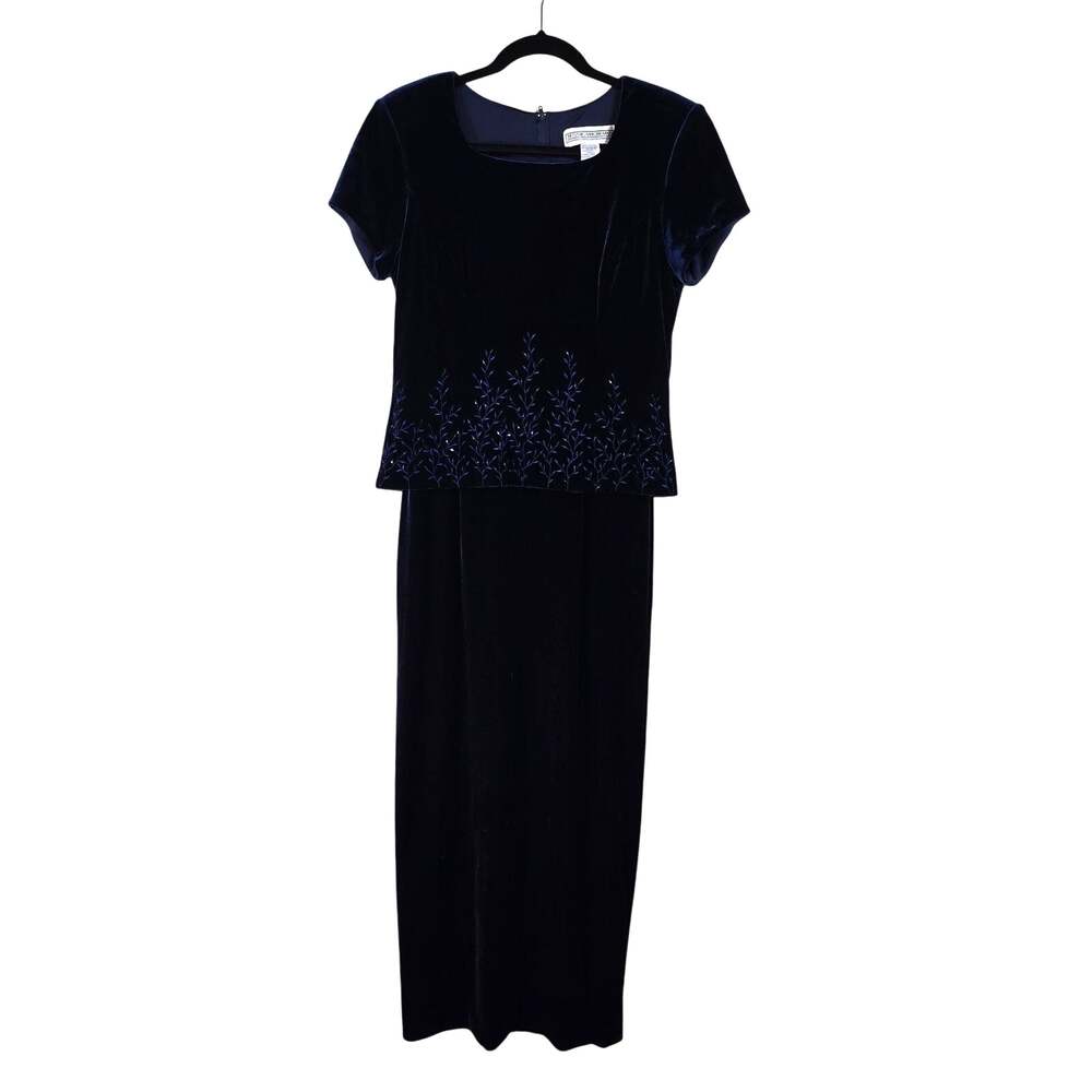 90s Jessica Howard Velvet Maxi Dress Women's 6 Blue Embroider Bead Dark Romantic